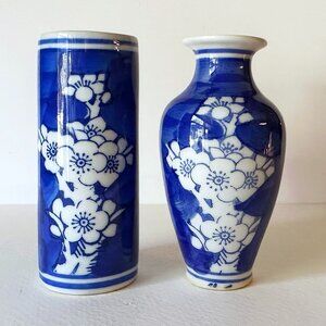 Vintage Chinese Porcelain Miniature VASES Blue & White Plum Blossoms Set of 2